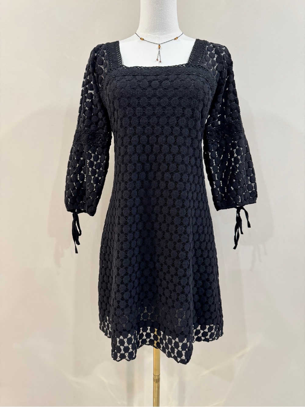 Solitaire Black Crochet Square-Neck Mini Dress
